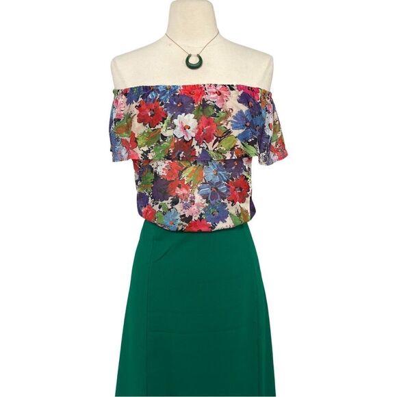 Vibrant Vintage 70s Flower Power Ruffle Could Shoulder Flouncy Floral Print Top - Picture 2 of 10